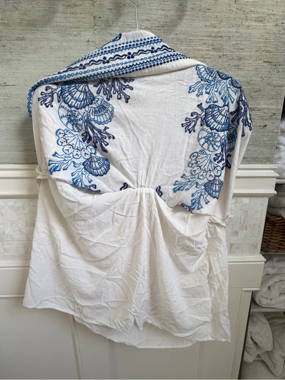 Anthropologie Maeve linen embroidered tunic dress medium white blue beach shells - Picture 14 of 17